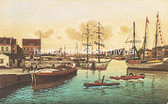 Historische colorierte Ansicht vom Harburger Hafen - Schiffe im Lotsekanal.