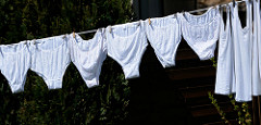 Wäsche - Unterhosen, Schlüpfer und Unterhemden hängen zum Trocknen auf der Leine; Ostseebad Zingst, Mecklenburg-Vorpommern.