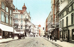 Historische Ansicht von der Wilstorfer Strasse in Harburg - Wohnhäuser / Geschäftshäuser, Jugendstilarchitektur - wartendes Pferdefuhrwerk, Strassenbahnschienen im Kopfsteinpflaster.