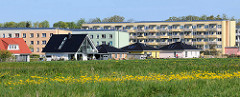 Neubaugebiet im Ortsteil Damgarten, Ribnitz-Damgarten; Einzelhäuser und mehrstöckige Wohnblocks - Wiese mit gelben Blumen.
