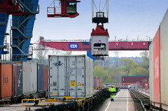 Die Ladung eines Containerzugs wird im Containerbahnhof Hamburg Altenwerder gelöscht - einer der Container wird mit einem Portalkran vom Güterwaggon zum Sattelauflieger transportiert.