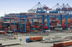 Blick über das Hamburger Container Terminal Gelände Altenwerder zum Containerlager und den Portalkränen, die bereitstehende Sattelschlepper mit ihrer Fracht beladen.