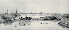 Historisches Panorama der Hansestadt Hamburg - Blick über die Lombardsbrücke zur Binnenalster - eine Eisenbahn fährt an der Straße, lks. das Gebäude der Kunsthalle.