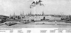 Historisches Panorama der Hansestadt Hamburg - Türme der Stadt, Befestigungsanlagen an der Binnenalster ( 1727 ).