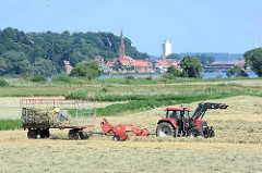 Heuernte an der Elbe - die Heuballen werden von Hand auf dem Anhänger verstaut; im Hintergrund Kirchturm und Häuser von Lauenburg.