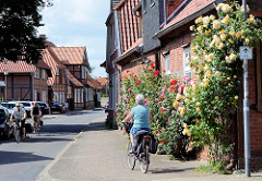 Blühende Rosen an der Fassade eines Fachwerkhauses in Bleckede - Fahrradfahrer.