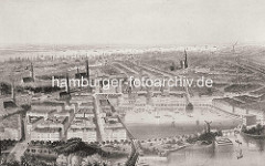 Historische Luftansicht von der neuaufgebauten Hamburger Alststadt und Neustadt nach dem Großen Brand von 1842. Im Vordergrund re. die Lombardsbrücke und die Binnenalster, dahinter die St. Michaeliskirche und die Elbe.