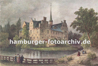 Blick über den Schlossgraben zum Bergedorfer Schloss ca. 1850. Die Ursprünge vom Wasserschloss in Bergedorf wurde um 1220 angelegt, der jetzige Bau ab dem 15. Jh. entwickelt und seitdem mehrfach verändert. Die Anlage steht seit 1926 unter Denkmal