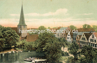 Altes Bild vom Mühlenteich in Bergedorf - Blick auf die Kirche St. Petri und Pauli.