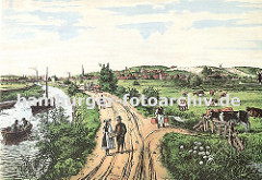 Historisches Motiv aus Bergedorf ca. 1850 - Blick auf den Schleusengraben Richtung die Bergedorfer Stadt. In der linken Bildmitte der Kirchturm der St. Petri und Pauli Kirche, auf dem Schleusengraben fahren ein Ruderboot und Segelkahn.