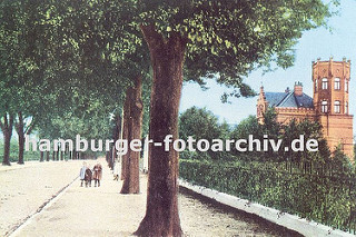 alte Bergedorfer Ansicht von der Wentorfer Strasse ca. 1905; auf dem historischen Foto ist der Bürgersteig dicht mit Strassenbäumen bepflanzt - Kinder stehen an der Allee unter einer gebogenen Strassenlaterne. Hinter einem Eisenzaun steht eine St