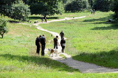 Hundeauslaufgebiet / Hundewiese im Niendorfer Gehege; Spaziergänger mit Hunden.