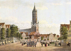 Alte Ansicht vom Pferdemarkt in der Altstadt Hamburgs - im Hintergrund die Hamburger Hauptkirche St. Jakobi.