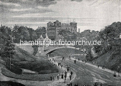 Altes Bild der Deutschen Seewarte auf dem Stintfang. Fussgänger  auf der Helgoländer Allee - Kersten Miles Brücke.