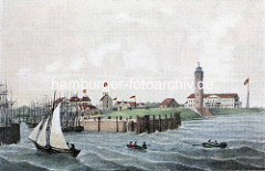 Historische Darstellung von Cuxhaven an der Elbmündung; Ruderboote und Segelschiffe.