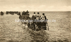 Historisches Foto von Wattwagen im Wasser - Personenwagen mit Touristen von Pferden gezogen auf den Weg zur Insel Neuwerk.