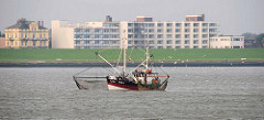 Fischkutter mit Netzen auf der Nordsee vor Cuxhaven. Im Hintergrund eine Wohnanlage mit Ferienwohnungen hinter dem Deich.