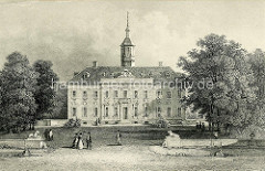 Historisches Bild vom Wandsbeker Schloß - Löwenfiguren an der Auffahrt, SpaziergängerInnen. Das spätbarocke Herrenhaus wurde 1861 abgerissen.