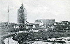 Alte Ansicht der Insel Neuwerk - Leuchtturm und Wohnäuser mit Reet gedeckt - Sendemast / Antenne.