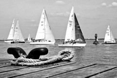 Segelregatta auf der Unterelbe vor Neuendeich - Poller mit Tau; Schwarz-Weiss Fotografie.