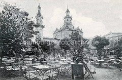 Historisches Bild vom Konzertgarten Carl Clausen / vormals Hornhardt am Zirkusweg in Hamburg St. Pauli - lks. der 22 m hohe Aussichtsturm.