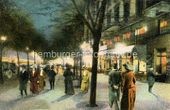 Historische, farbige Darstellung von der Hamburger Reeperbahn bei Nacht - Passanten auf dem Fussweg, Frauen mit Blumen - Hüten / Strohhut.