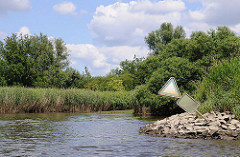 Am Ufer der Süderelbe beim Naturschutzgebiet Heuckenlock steht hohes Schilf bewachsen; Bäume und Sträucher wachsen bis an das Elbufer - Steine befestigen.