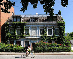 Das Gründerzeit-Wohngebäude in der Wilhelmsburger Strasse Vogelhüttendeich ist dicht mit Efeu bewachsen. Die Fassade ist hellblau gestrichen.
