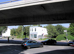 Blick unter die Barmbeker Ringbrücke zum einsamen Haus an der Fuhlsbütteler Straße 284.