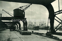 Historische Ansicht vom Amerikakai im Hamburger Segelschiffhafen. Portalkräne überspannen die Kaistraße.