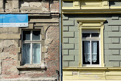 Alt + neu, Architektur in Dessau-Roßlau; restaurierte farbig abgesetzte Hausfassade.
