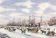 Hamburgensie von der Elbe  bei Hamburg im Winter - ca. 1834. Schlittenfahrt mit Pferd auf dem Eis, andere HamburgerInnen gehen zu Fuß.