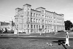 Historische Backsteinarchitektur in Stettin - Spaziergängerin mit Hund am Straßenrand.