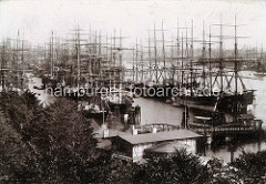 Blick über die Landungsbrücken  in den Niederhafen in Hamburg; Segelschiffe / Frachtsegler liegen an den Dalben.