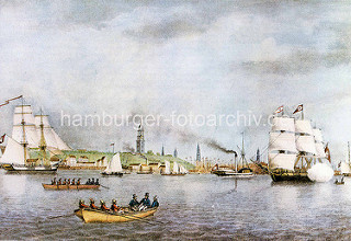 Blick über die Elbe zum Hamburger Hafen um 1834;  Segelschiffen und Ruderboote  fahren auf der Elbe.