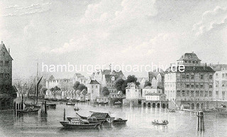 Historische Darstellung vom Hamburger Niederhafen am Baumwall um 1850.