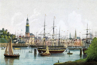 Farbige / colorierte Hamburgensie  vom Hamburger Hafen; Blick von Steinwerder über den Niederhafen.