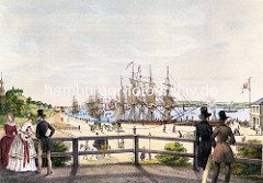 Farbige Hamburgensie  mit Blick auf die Segelschiffe  im Niederhafen;  links der  Kirchturm der Hamburger Michaeliskirche. ( ca. 1850 )