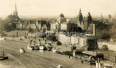 Historisches Panorama von der Hakenterrasse und der Flusspromenade in Stettin.