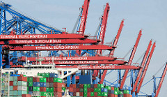 Containerkräne über einem Containerfrachter am Container Terminal Burchardkai im Waltershofer Hafen von Hamburg.