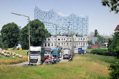Lastwagenverkehr und eine Schafherde  am Reiherstieg Hauptdeich iin Hamburg Wilhelmsburg; im Hintergrund ein altes Wohnhaus Reiherstiegdeich und das imposante Gebäude der Elbphilharmonie in der Hamburger Hafencity.