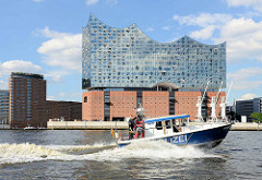Ein Polizeiboot der Hamburger Wasserschutzpolizei WaPo sichert die Elbe und die Elbphilharmonie während des G20 Gipfels.