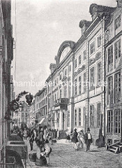 Blick in den Neuenwall zum Hamburger Görtz Palais, ca. 1840. Pferdekutschen und Passanten - Weinhandlung mit Schild.