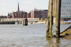 Alter, vermoderter Holzdalben mit Wildkraut am Veddelhöft; im Hintergrund die Baakenbrücke und die Einfahrt zum Magdeburger Hafen in Hamburg.