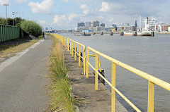 Geländer am Elbufer am Kleinen Grasbrook / Holthusenkai - im Hintergrund die moderne Architektur am Strandkai in der Hamburger Hafencity.