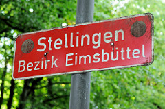 Ortsschild / Stadtteilgrenze Hamburg Stellingen, Bezirk Eimsbüttel.