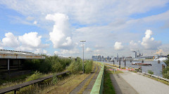 Blick vom Holthusenkai über die Elbe zur Hamburger Hafencity - lks. überwucherte Bahngleise und Verladeanlage / überdachte Rampe vom Überseezentrum.