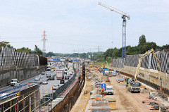 Autobahn bei Hamburg Stellingen, Baustelle für den Deckel über der A7; nach Abschluss des Lärmschutzprojektes soll eine Parkanlage mit Kleingärten entstehen.