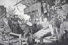 Der Gefangene Claus Störtebeker wird gefesselt von Bord der Bunten Kuh in den Kerker von Hamburg gebracht.