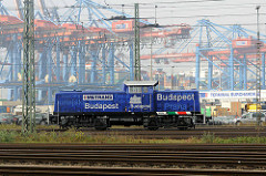 Lokomotive 295 082 - 2 der Metrans in Hamburg Waltershof - im Hintergrund Containerkräne vom Container Terminal Burchardkai.
